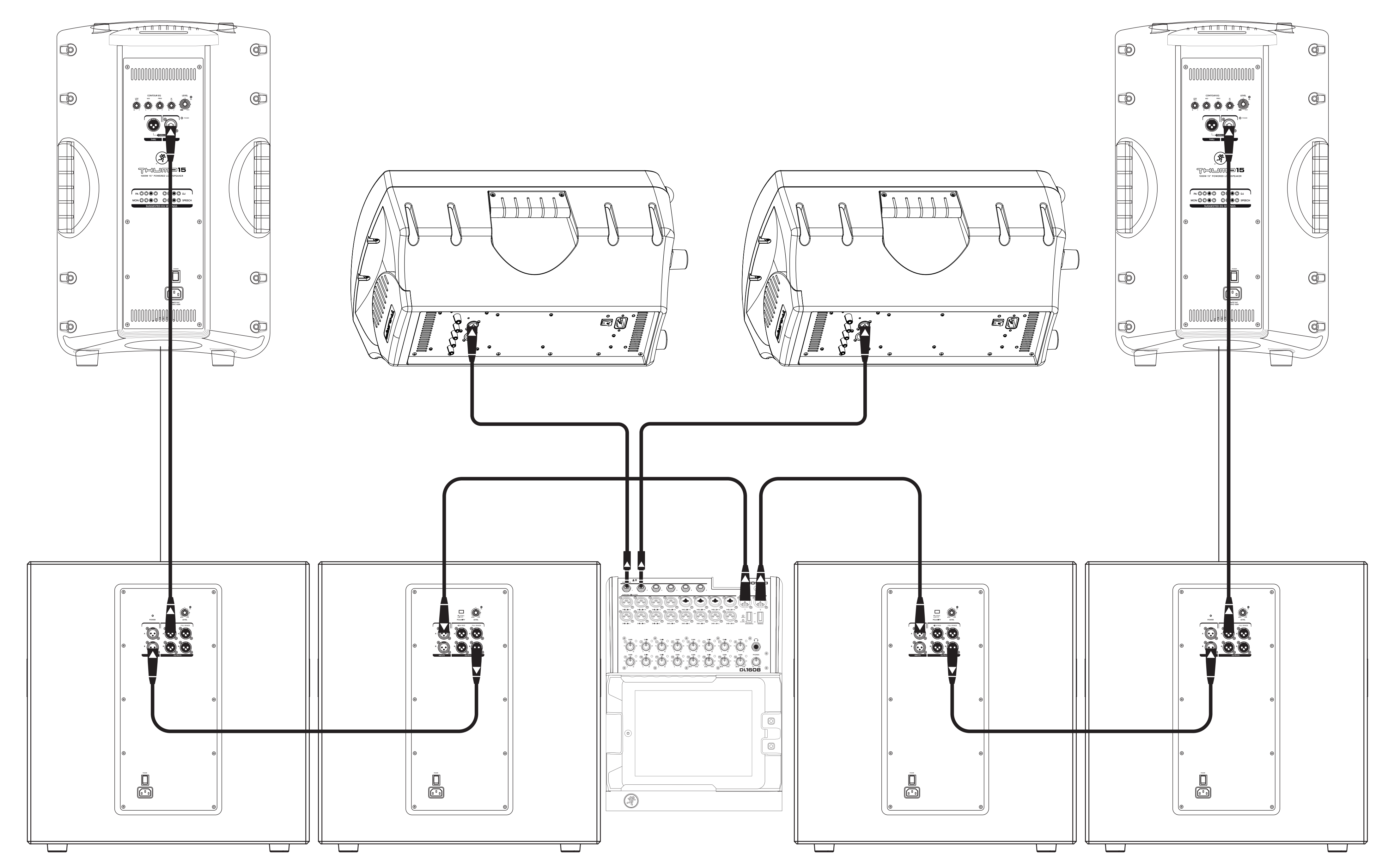 Схема подключения (четыре сабвуфера и два сателлита, напольные мониторы)