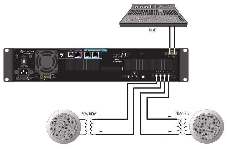 Схема подключения высокоомной нагрузки к Crown DCi 8|600N в стерео режиме