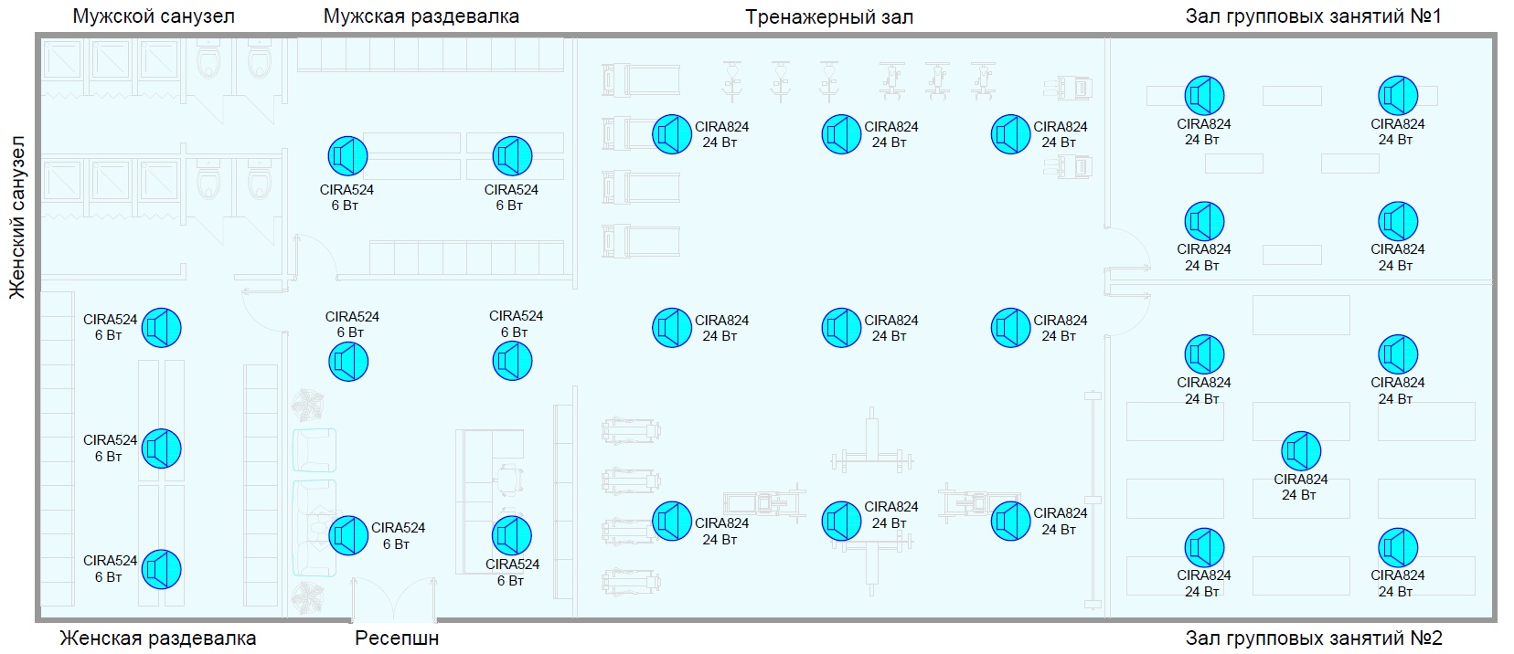 Расстановка потолочной акустики в фитнес клубе