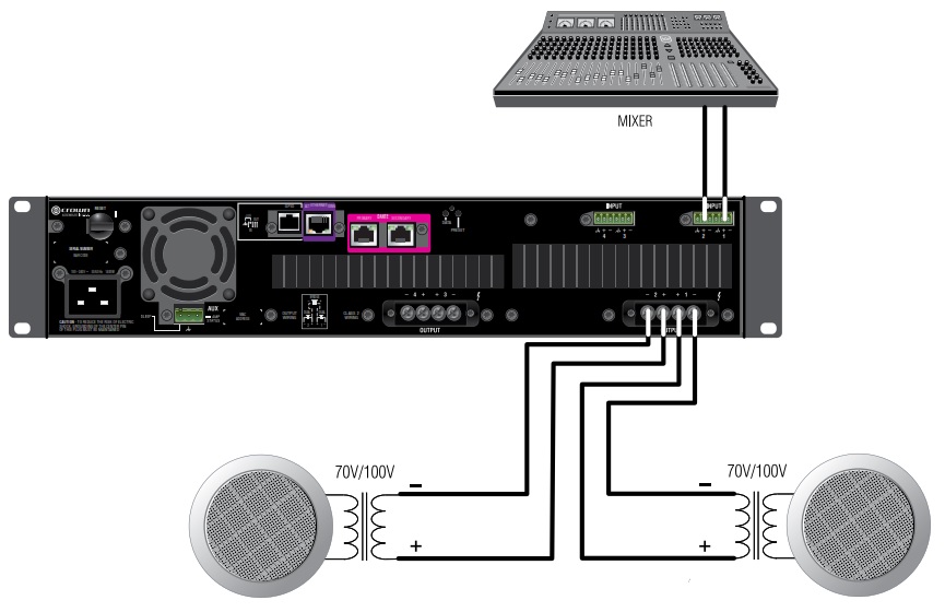 Схема подключения высокоомной нагрузки к Crown DCi 4|1250DA   в стерео режиме